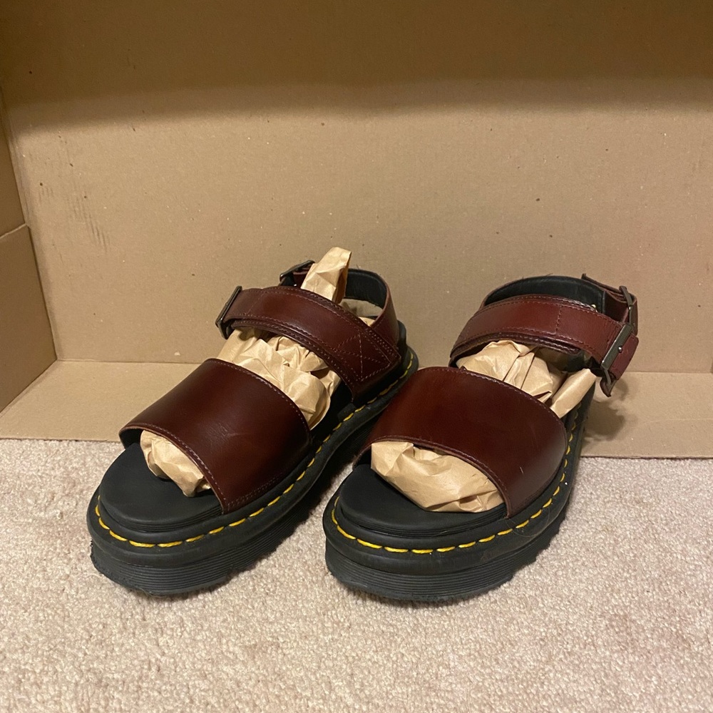 Size 7 Dr. Martens sandals very lightly worn. Maroon w/ classic yellow stitching